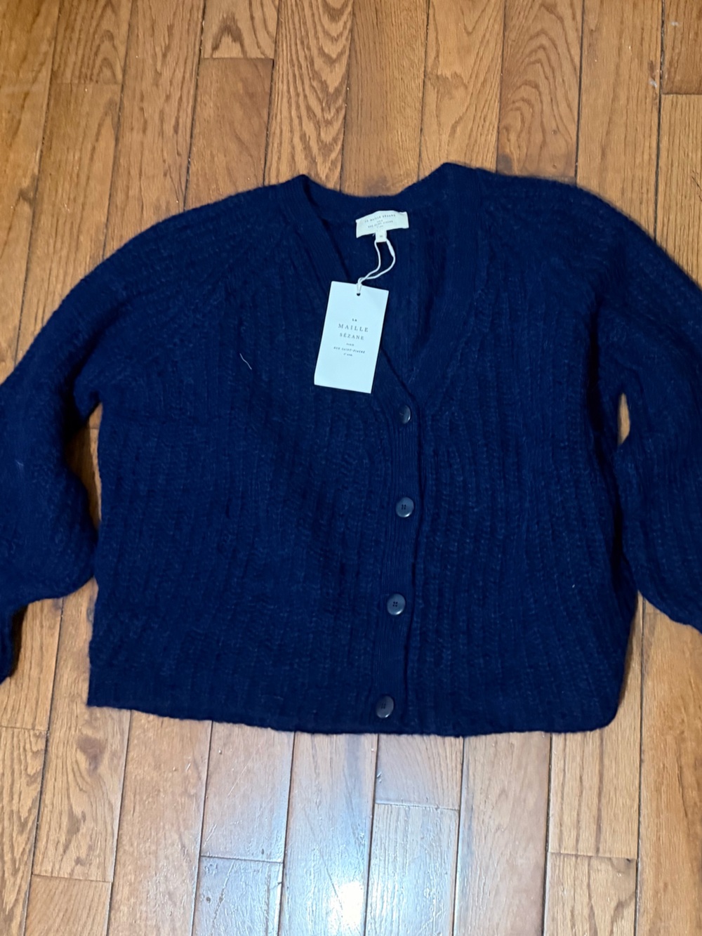 Sezane Navy Ribbed Button-Up V-Neck Cardigan - Picture 4 of 5